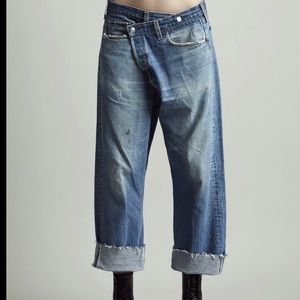 Repurposed Denim. Angled front button fly style. Brand new.